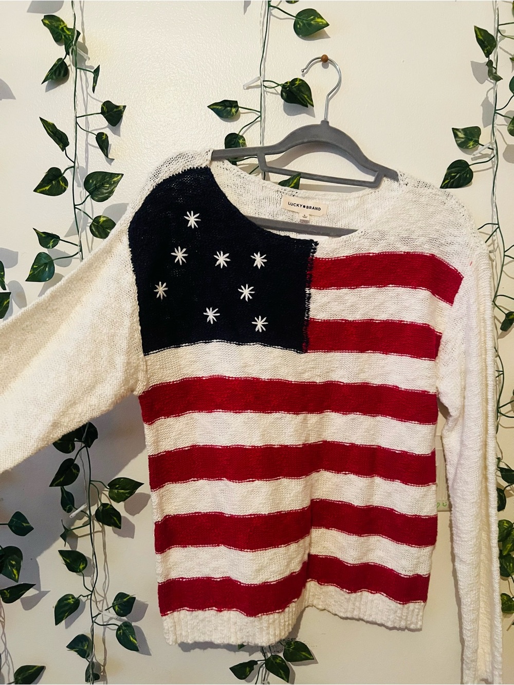 New with tags Lucky Brand Flag Knit Sweater in Red, White & Navy